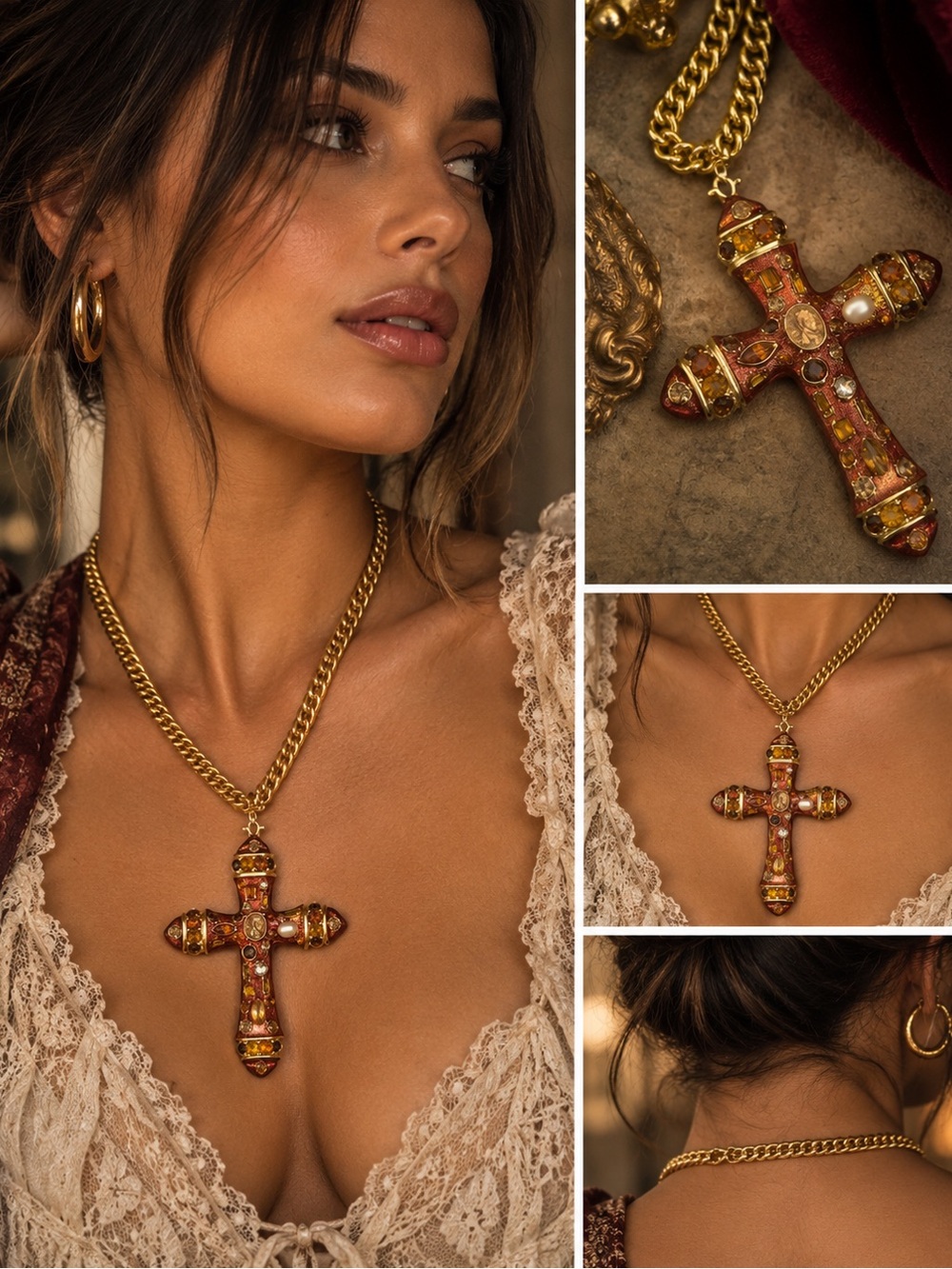 Gold-Tone Cross Pendant Necklace with Orange Enamel and Gem Accents